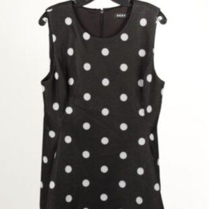 EUC DKNY Black White Polka Dots Women's Sleeveless Crew Neck Midi Sheath Dress